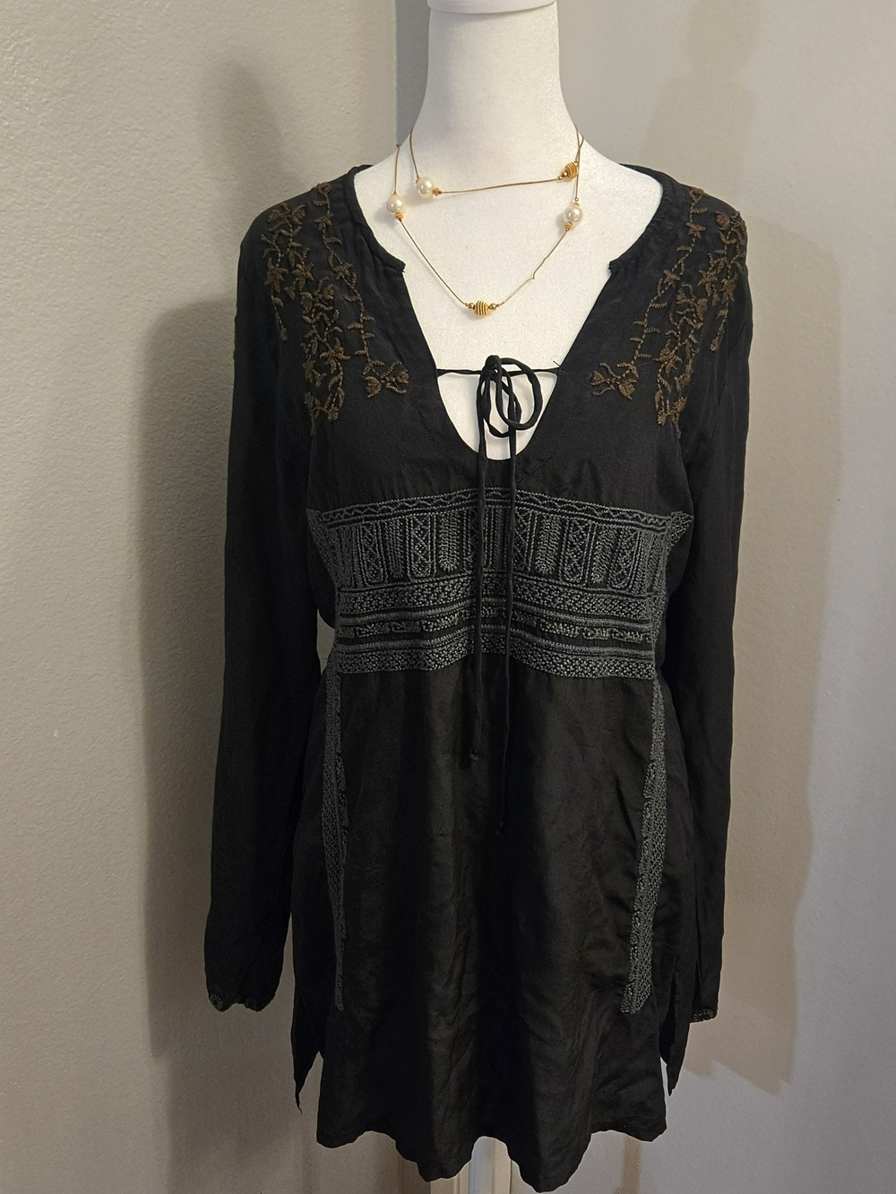 BIYA Silk Long Slerve Black Embroidered V-Neck Peasant Top - Size Small